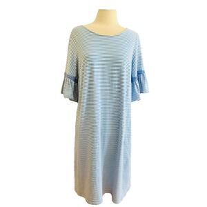 Crown & Ivy Dress Sz M Blue White Striped Bell Sleeve nautical cottage core